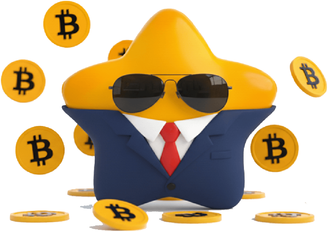 Mascota de Lucky Star con traje y bitcoins